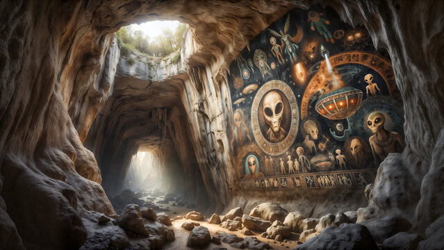 Ancient alien cave art depicts extraterrestrial beings, wall paintings of UFOs, cosmic symbols. Mysterious mural in natural cavern with sunlight streaming through openings. Ancient astronaut theories.