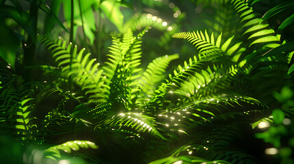 A vibrant scene of lush green tropical ferns basking in sunlight, capturing the beauty of nature and the serenity of a tropical rainforest. The ecosystem is rich in wildlife and greenery