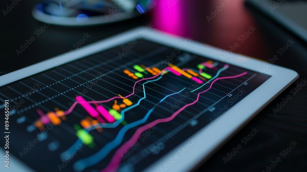 Fototapete close-up of a line graph on a digital tablet screen, showing financial trends with colorful lines.