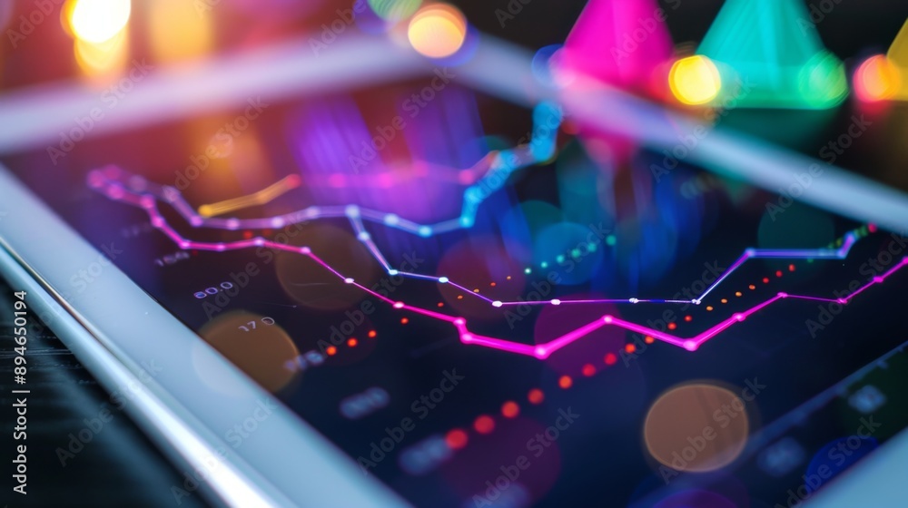 Fototapete close-up of a line graph on a digital tablet screen, showing financial trends with colorful lines.