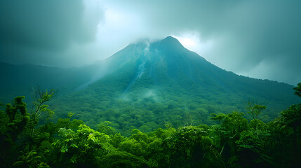 Fototapeta premium A clear, majestic shot of a mountain partially hidden by a curtain of rain.