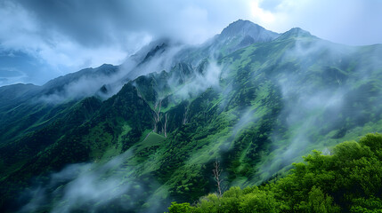 Obraz premium A clear, majestic shot of a mountain partially hidden by a curtain of rain.