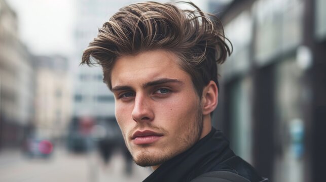 Close-up of a man with a stylish quiff hairstyle, shaped with hair gel for a modern and edgy look.