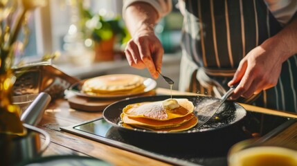 Close-up of a person flipping pancakes on a griddle pan, golden brown and fluffy, in a sunny kitchen.