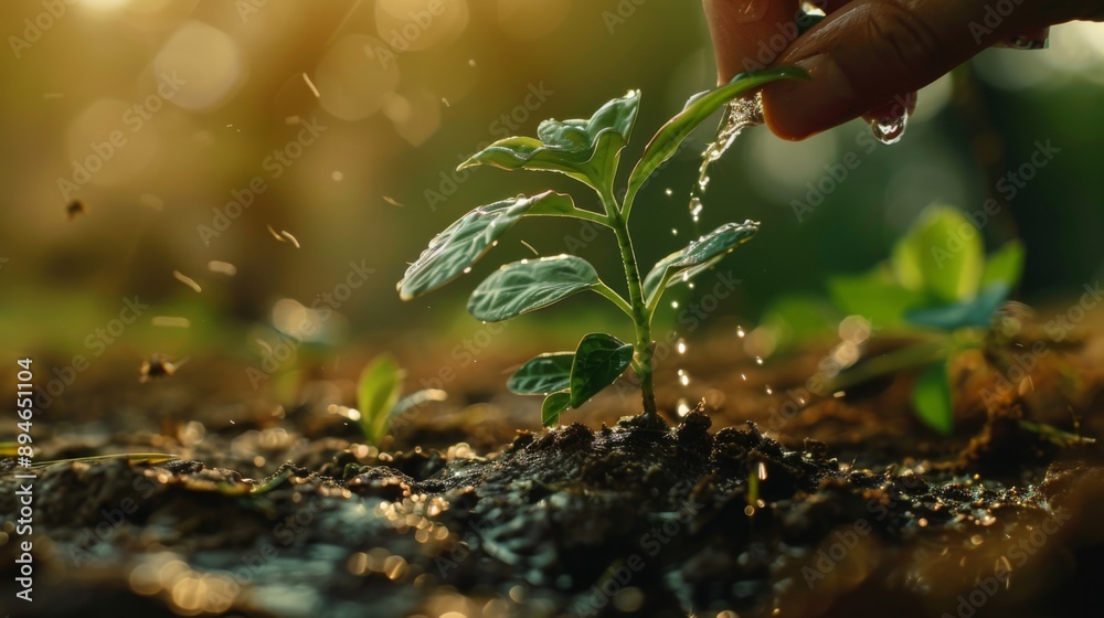 Poster Close-up of a person watering a small tree sapling, symbolizing efforts to combat deforestation and global warming.