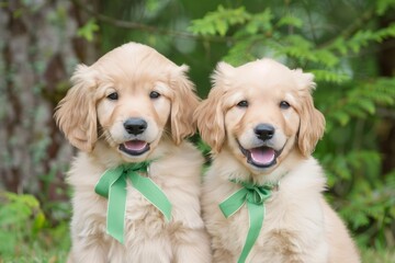 Joyful golden retriever puppies with one wearing green ribbon, in serene forest setting