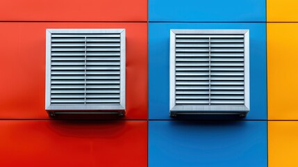 Two Steel Louvers On An Aluminum Corrugated Wall Of A Multicolor Industrial Building, Showcasing Modern Architecture