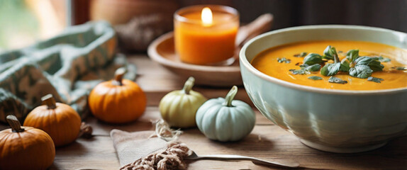 Fototapeta premium Creamy roasted pumpkin soup in ceramic bowl on the rustic wooden table 