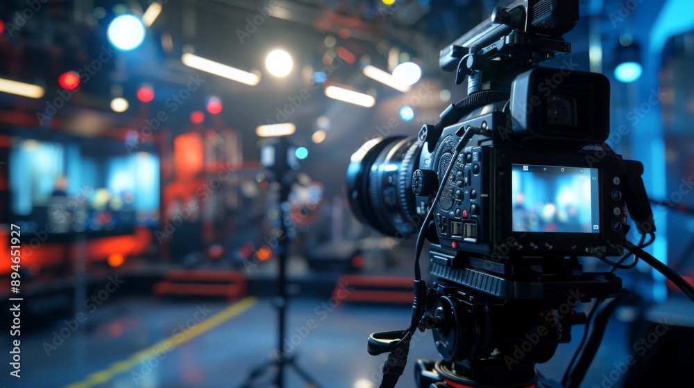 Poster A professional camera on a tripod is positioned in a TV studio. Lights are visible in the background, and a screen shows a blurry image of a person.