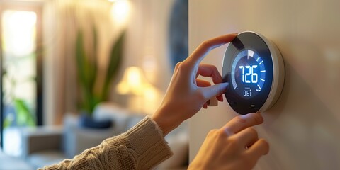 Closeup of woman's hand turning on thermostat at home