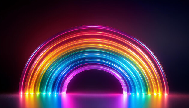 Vivid neon rainbow shining on black backdrop. Colorful glowing arch. Modern design.