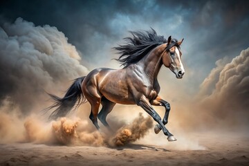 A majestic wild horse gallops forward with unbridled energy, kicking up a massive cloud of dust, showcasing its raw strength, speed, and untamed spirit in motion.