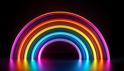 Vivid neon rainbow shining on black backdrop. Colorful glowing arch. Modern design.