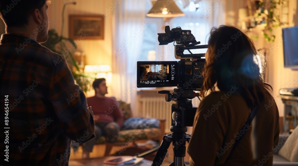 Poster A camerawoman films an interview inside a home. A man sits on a couch in the background, while the camerawoman operates a camera on a tripod.