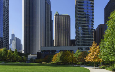 Chicago, Illinois, USA - October 21, 2014: Autumnal view of trail and lawn with maple trees aginst high rise buildings
