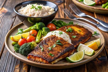 Savory blackened redfish fillets seared with a blend of spices, served with creamy Cajun-style sauce, steamed rice, and crisp vegetables on a rustic plate.