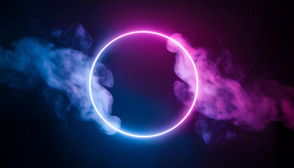 Obraz premium Glowing neon circle with swirling smoke on dark backdrop. Luminous energy ring. Modern design.