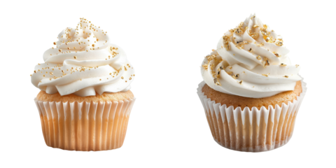 Delicious vanilla cupcakes topped with creamy swirls of frosting and sprinkles, perfect for celebrations and desserts.