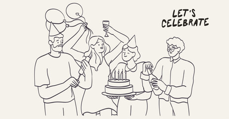 Happy people celebrating birthday party with cake. Corporate office team during holiday celebration with colleagues. Line hand drawn graphic vector illustration for banner, placard, greeting card.
