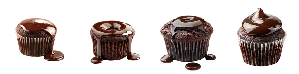 Delicious chocolate cupcakes arranged in a row, showcasing various styles of frosting and dripping chocolate.