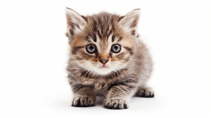 A brown kitten sitting against a white background.