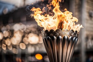 Naklejka premium The flame of the Olympic torch burns against the background of a beautiful blurred bokeh.