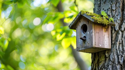 A wild bird nest box hung on a tree, providing a cozy habitat for birds in a natural setting.