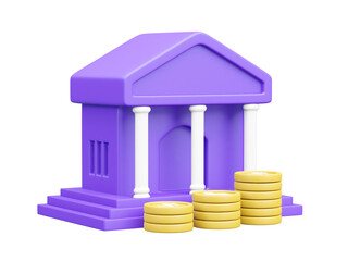 3D illustration of blue-purple bank icon with dollar gold coins isolated on transparent background.