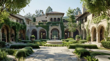 A grand estate with a Romanesque architectural style