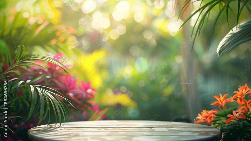 Poster a wooden table sits in a lush garden, surrounded by vibrant green foliage and colorful flowers. sunl