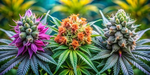Vibrant hemp flowers with distinct characteristics: one with crystalline structure representing THCA, another with smaller buds embodying CBD, and a third with intricate petals signifying infusion.