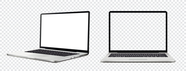 Mockup of laptop computer. Front and side view with white and empty screen on transparent background.