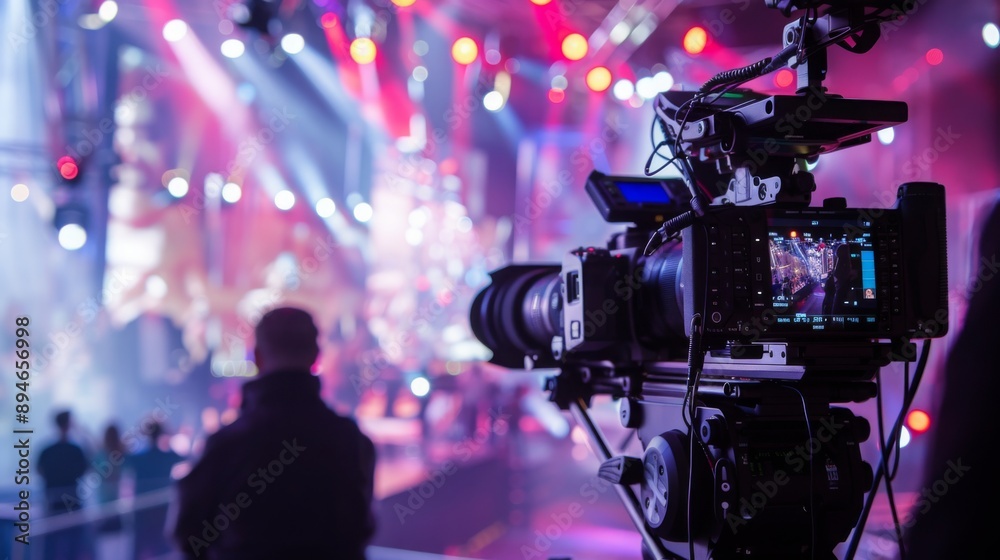 Poster a camera operator films a concert from the side of the stage, with the performers blurred in the bac