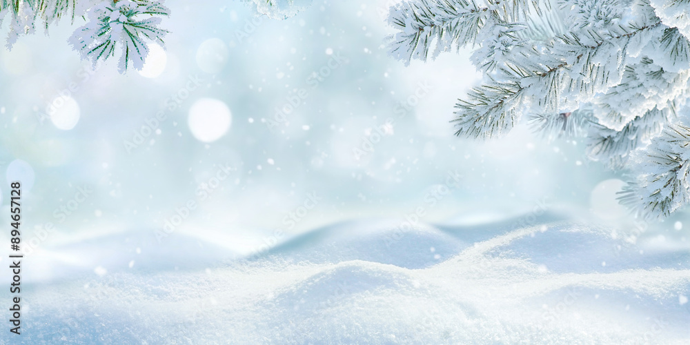 Poster beautiful winter background image of frosted spruce branches and drifts of pure snow with bokeh chri