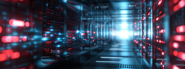 Fototapeta premium Blurred background with server room in data center, data storage, blinking lights and humming servers.
