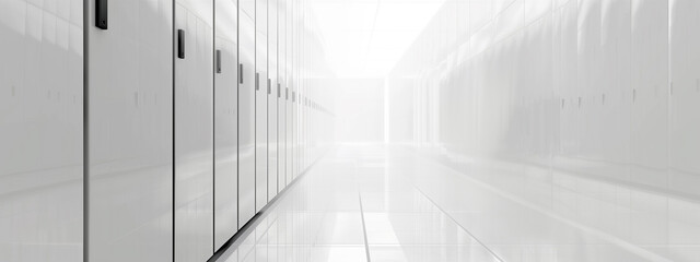 Sparse hazy blurred monochrome server room in data center, data storage. Copy space.