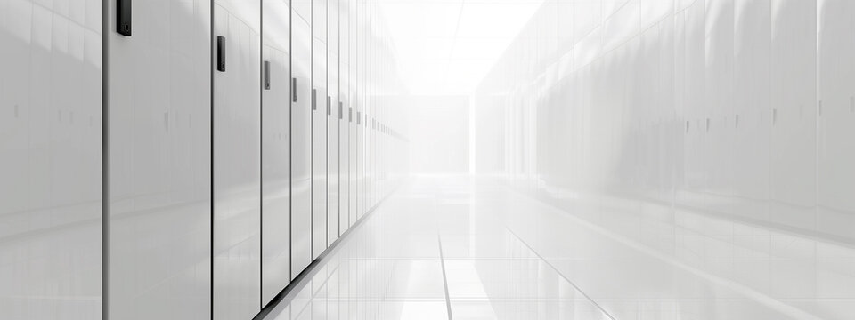 Sparse hazy blurred monochrome server room in data center, data storage. Copy space.