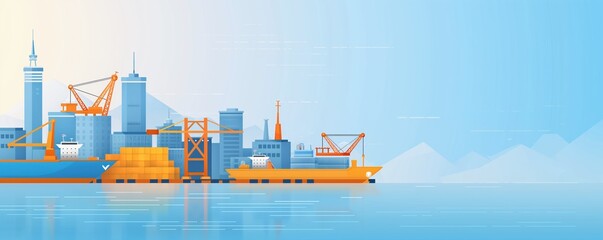 Fototapeta premium Aerial view of industrial port, cranes and cargo ships, flat design illustration