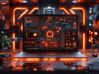 Podium background laptop urban technology product 3D stand office. Laptop podium background urban display gadget scene modern tech platform youth workspace digital cityscape business