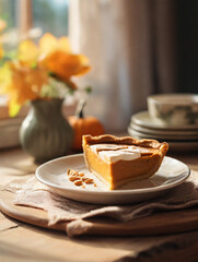 Pumpkin pie on the wooden table in the countryside kitchen