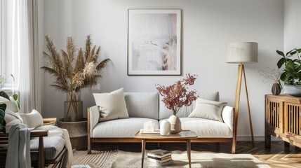 Chic living room setup with framed poster, sofa, armchair, lamp, floral vase, plants, and accessories.