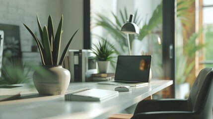 A modern home office with a laptop, plant, and stylish decor, creating a serene and productive workspace atmosphere.