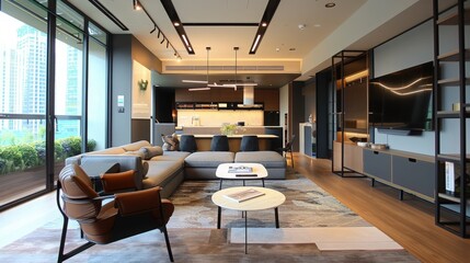 Modern interior design featuring a spacious living room with elegant furniture and natural light.