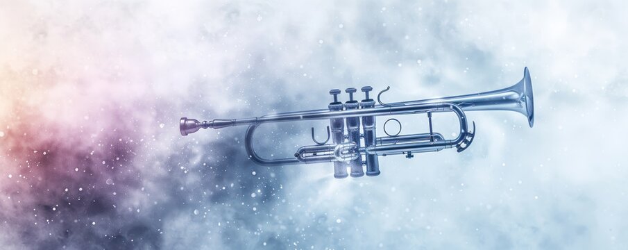 Jazz music poster, trumpet, watercolor effects, focus on, dreamy theme, ethereal, Composite, serene garden