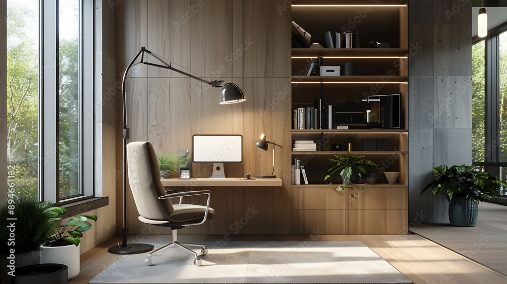 Wall mural Minimalist desk lamp with a slim, adjustable arm and clean design in a modern study