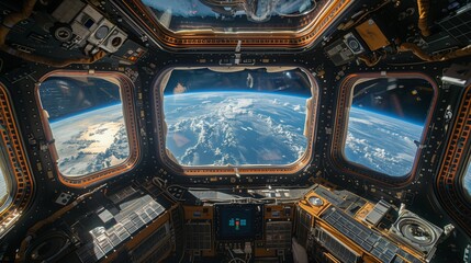 A view of Earth from a space station window, with students attending classes in the foreground.