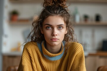 Fototapeta premium A young woman with curly hair, wearing a cozy sweater, looks serious while sitting indoors, capturing a moment of contemplation in a modern setting.