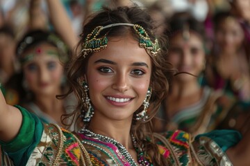 Fototapeta premium A young woman in vibrant traditional attire smiles joyfully while dancing, surrounded by others in similar attire, capturing a moment of cultural celebration.