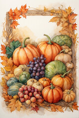 Autumn banner made of pumpkins, leaves and vegetables on a white background with copy space.
