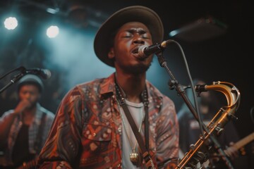 A male saxophonist passionately performs on stage during a live concert, showcasing intense emotion and musical talent, with band members and audience immersed in the performance.